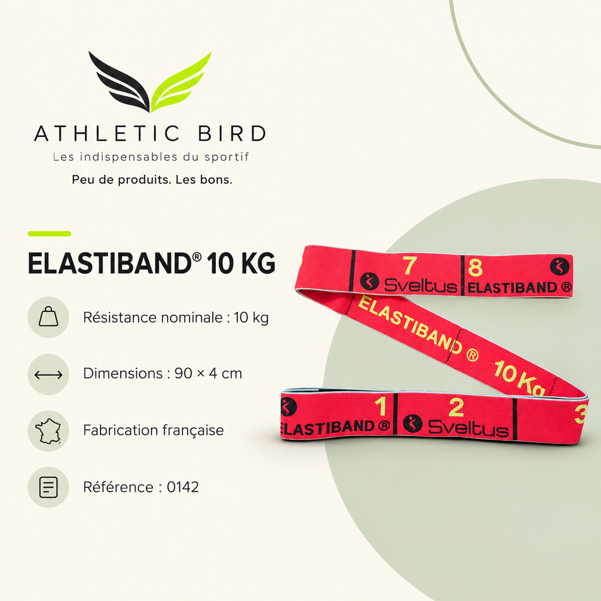 Elastiband rouge Sveltus 0142 : résistance nominale de 10 kg, dimensions de 90 × 4 cm et fabrication française, avec logo Athletic Bird