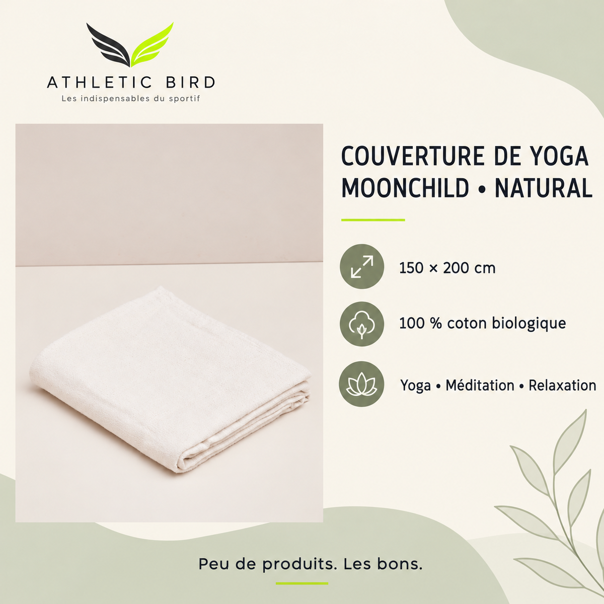 Couverture de yoga Moonchild Natural : 150 × 200 cm, en coton biologique, pour le yoga, la méditation et la relaxation. Logo Athletic Bird en haut à gauche.