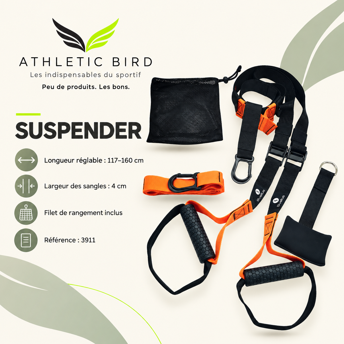 Suspender Sveltus 3911 : longueur réglable de 117 à 160 cm, sangles de 4 cm et filet de rangement inclus, avec logo Athletic Bird