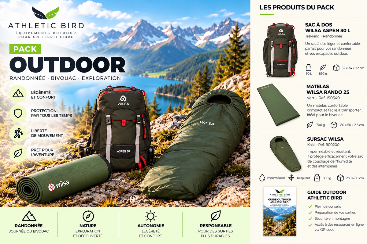 Pack OUTDOOR Athletic Bird composé du sac à dos Wilsa Aspen 30 L Tarmac, du matelas autogonflant Wilsa Rando 25 vert du sursac Wilsa kaki et du Guide Outdoor Athletic Bird