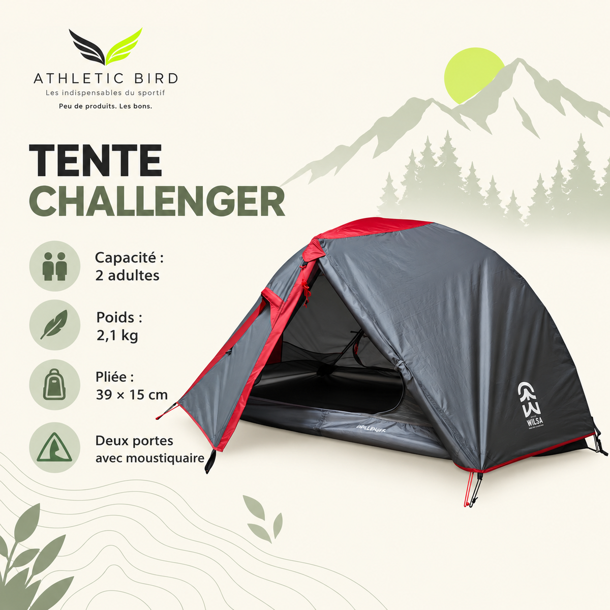 Tente Challenger pour deux adultes : 2,1 kg, dimensions pliées de 39 × 15 cm et deux portes avec moustiquaire, avec logo Athletic Bird