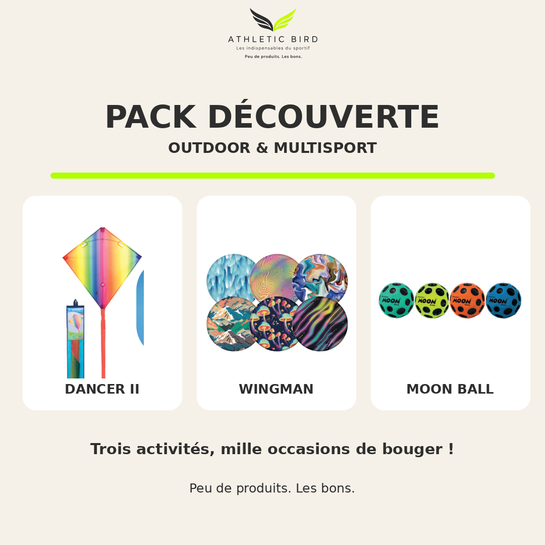 Pack Découverte Athletic Bird Outdoor & Multisport composé du cerf-volant Dancer II, du disque Waboba Wingman et de la balle rebondissante Waboba Moon Ball.