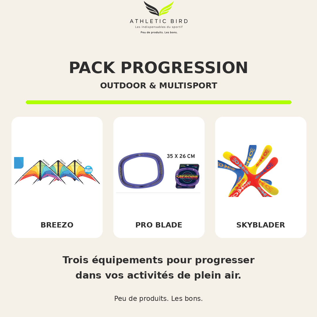 Pack Progression Athletic Bird Outdoor & Multisport comprenant le cerf-volant Breezo, le disque Pro Blade et le boomerang Skyblader Initiation.