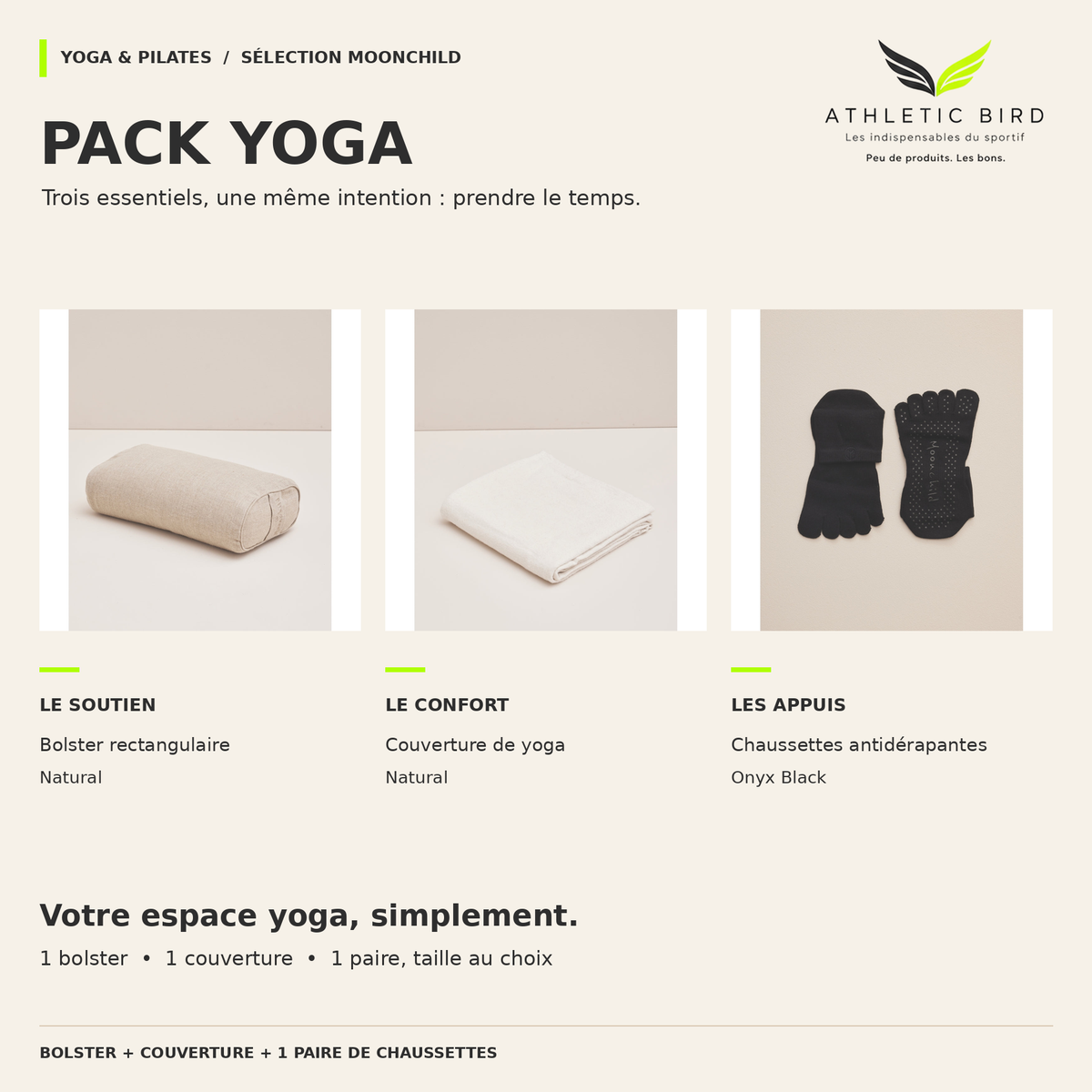 Pack Yoga Moonchild : bolster rectangulaire Natural, couverture en coton biologique et chaussettes antidérapantes Onyx Black.
