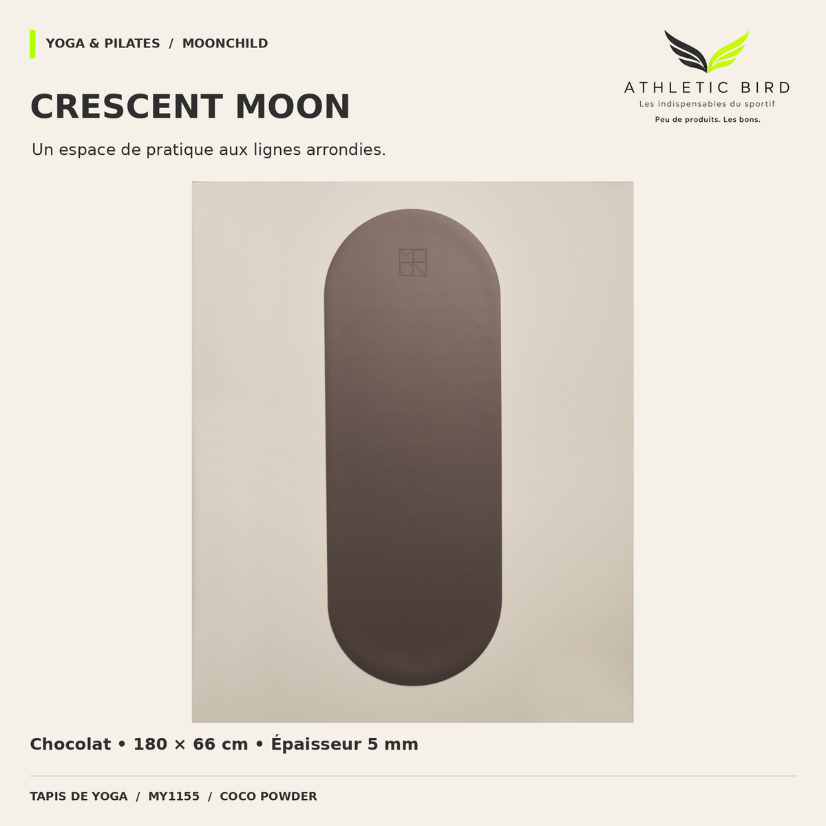 Tapis de yoga Moonchild Crescent Moon Coco Powder marron chocolat, déroulé, avec extrémités arrondies.