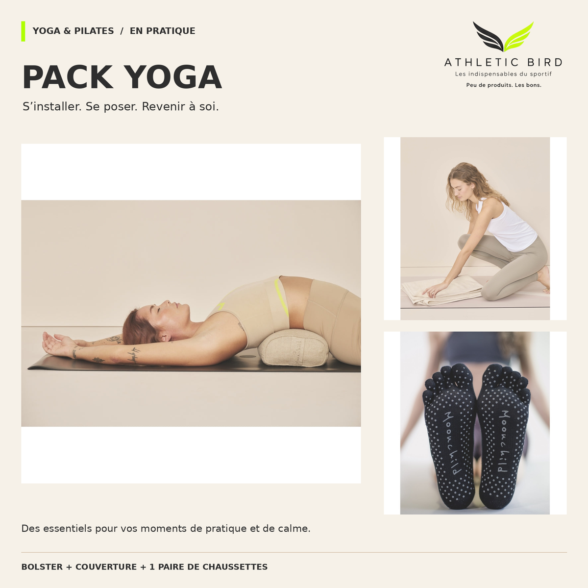Montage montrant le bolster Moonchild sous le dos pendant une relaxation, la couverture manipulée au sol et les semelles antidérapantes des chaussettes portées.