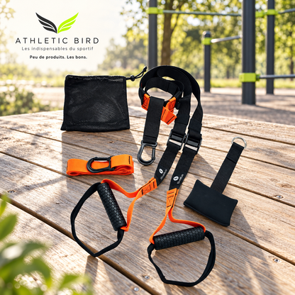Kit Suspender Sveltus noir et orange présenté sur une surface en bois près d’un espace sportif extérieur, avec logo Athletic Bird