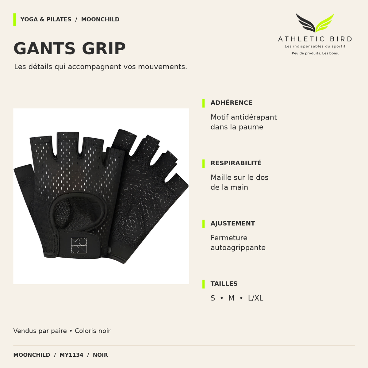 Gants Moonchild Grip noirs : paume antidérapante, dos en maille respirante, fermeture autoagrippante et tailles S, M et L/XL.
