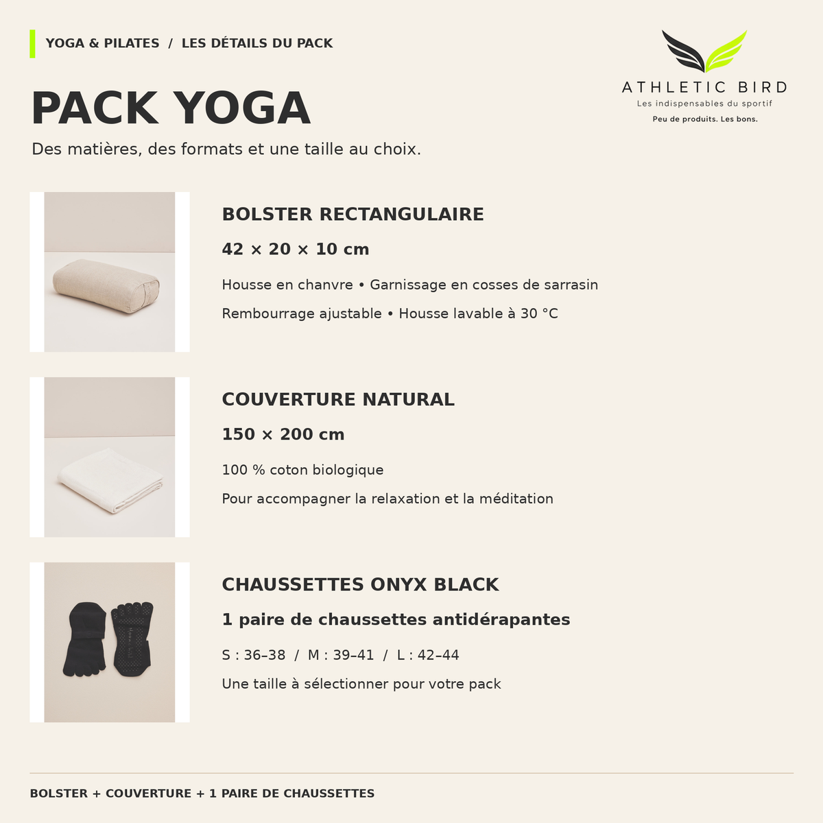 Pack Yoga Moonchild : bolster en chanvre de 42 × 20 × 10 cm, couverture en coton biologique de 150 × 200 cm et chaussettes Onyx Black, tailles S à L.
