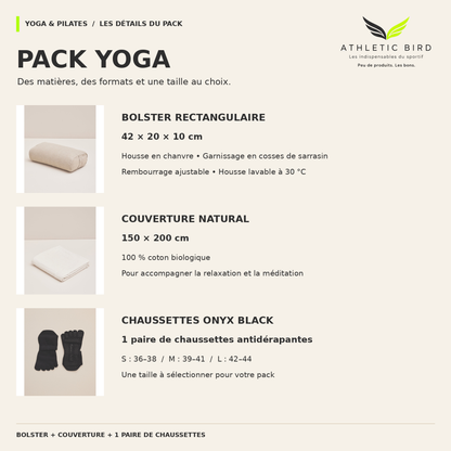 Pack Yoga Moonchild : bolster en chanvre de 42 × 20 × 10 cm, couverture en coton biologique de 150 × 200 cm et chaussettes Onyx Black, tailles S à L.