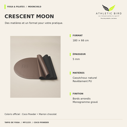 Tapis Crescent Moon chocolat : 180 × 66 cm, épaisseur 5 mm, caoutchouc naturel et revêtement PU, avec bords arrondis.