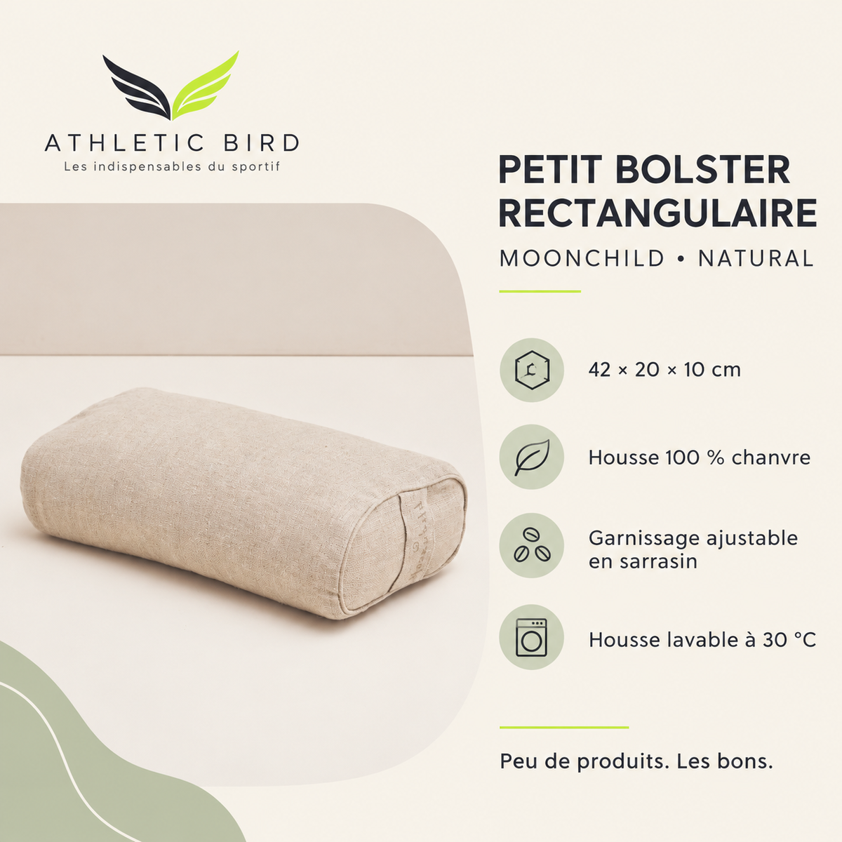 Petit bolster Moonchild Natural : 42 × 20 × 10 cm, housse en chanvre lavable à 30 °C et garnissage ajustable en sarrasin. Logo Athletic Bird en haut à gauche.
