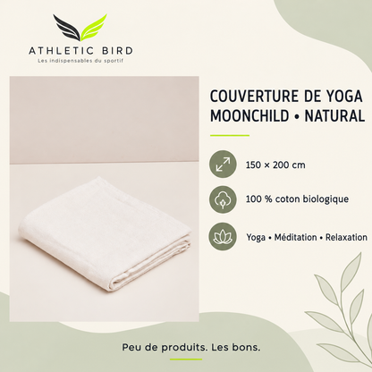 Couverture de yoga Moonchild Natural : 150 × 200 cm, en coton biologique, pour le yoga, la méditation et la relaxation. Logo Athletic Bird en haut à gauche.
