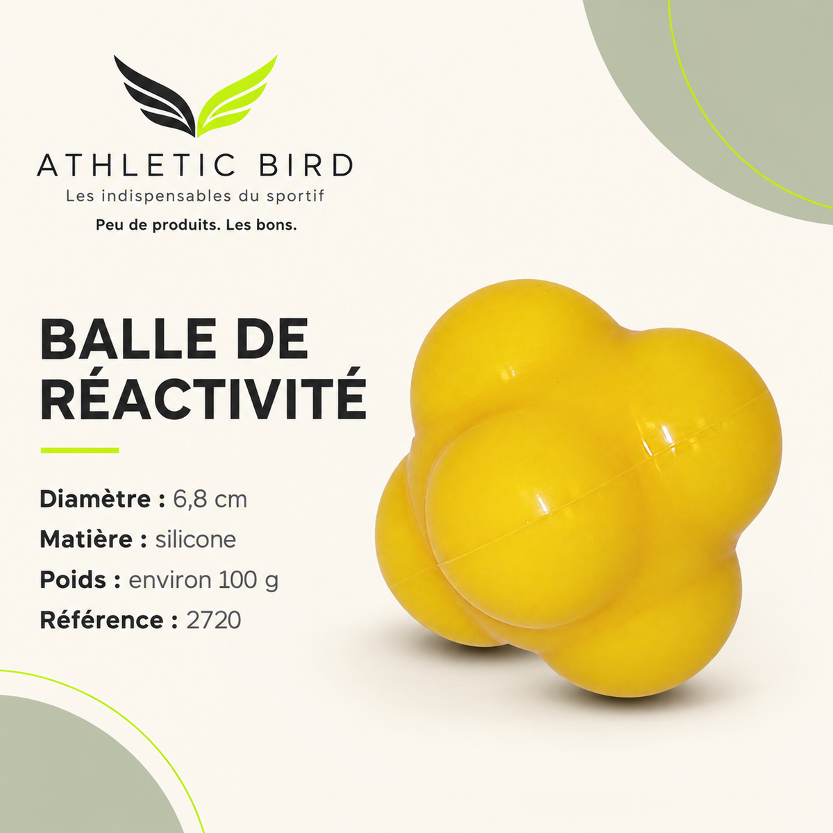 Balle de réactivité Sveltus 2720 : silicone, diamètre de 6,8 cm et poids d’environ 100 g, avec logo Athletic Bird.