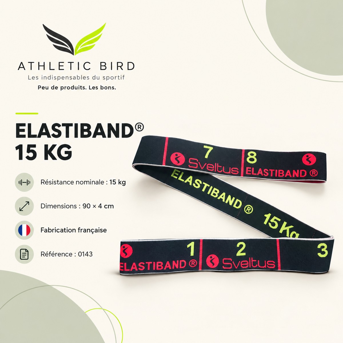 Elastiband noir Sveltus 0143 : résistance nominale de 15 kg, dimensions de 90 × 4 cm et fabrication française, avec logo Athletic Bird