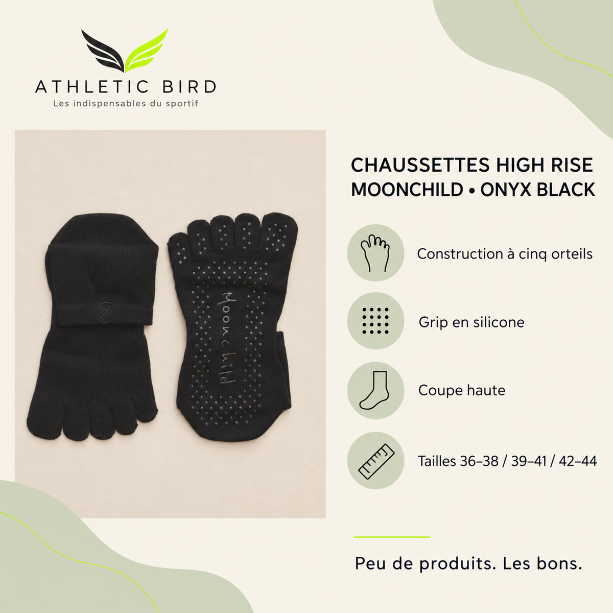 Chaussettes Moonchild High Rise Onyx Black : cinq orteils, grip en silicone, coupe haute et tailles du 36 au 44. Logo Athletic Bird en haut à gauche.