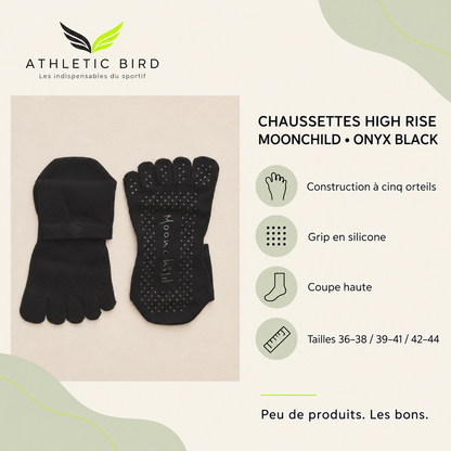 Chaussettes Moonchild High Rise Onyx Black : cinq orteils, grip en silicone, coupe haute et tailles du 36 au 44. Logo Athletic Bird en haut à gauche.