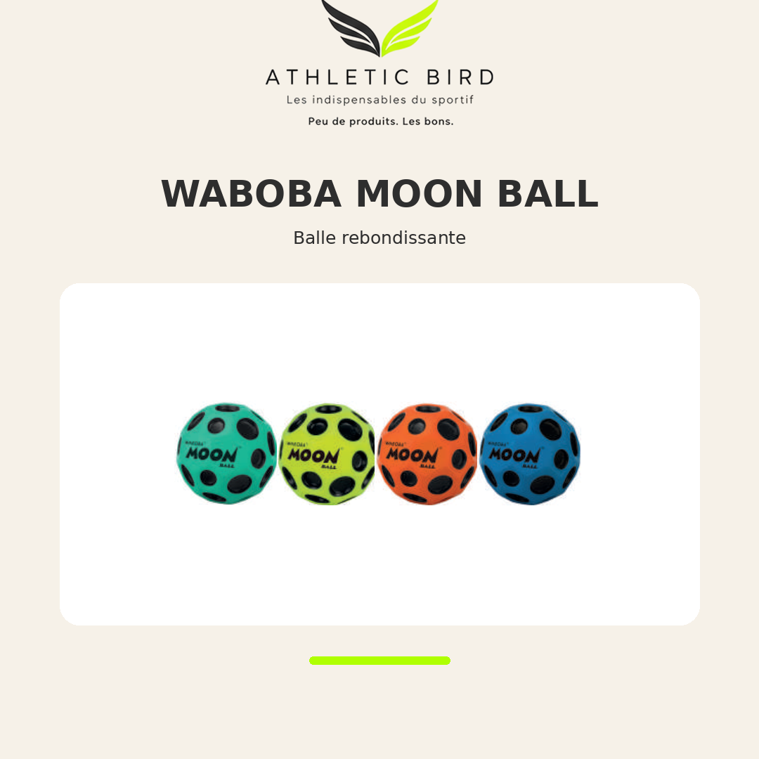 Balle rebondissante Waboba Moon Ball à surface texturée, incluse dans le Pack Débutant Athletic Bird pour les jeux de rebond et de coordination.