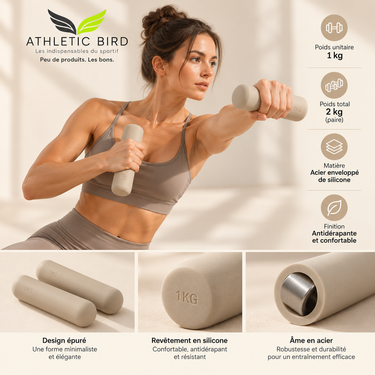 Athlète réalisant un exercice de renforcement avec une paire de poids de mains Moonchild 1 kg coloris sable, sélection Athletic Bird.