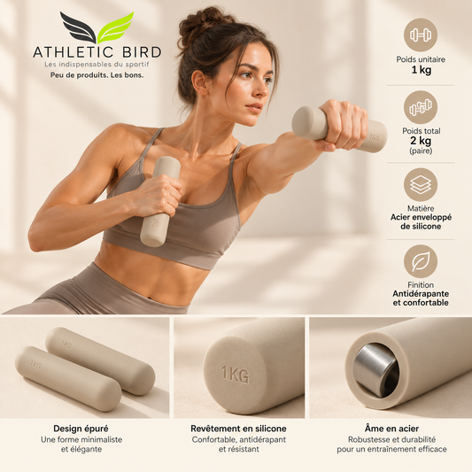Athlète réalisant un exercice de renforcement avec une paire de poids de mains Moonchild 1 kg coloris sable, sélection Athletic Bird.