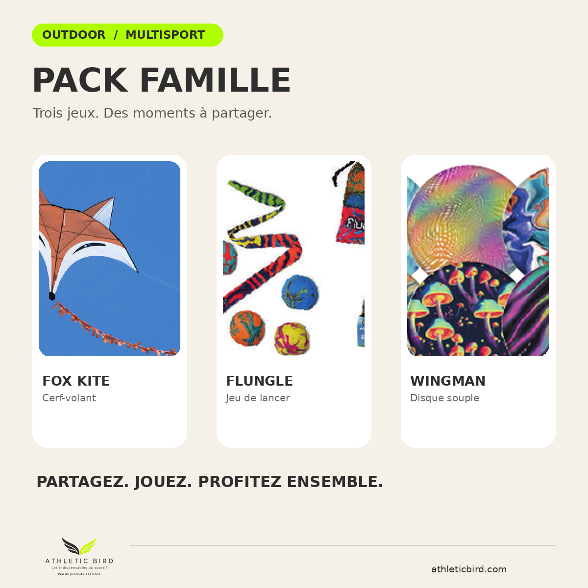 Pack Famille Athletic Bird Outdoor et Multisport composé du cerf-volant Fox Kite, du jeu Waboba Flungle et du disque souple Waboba Wingman.