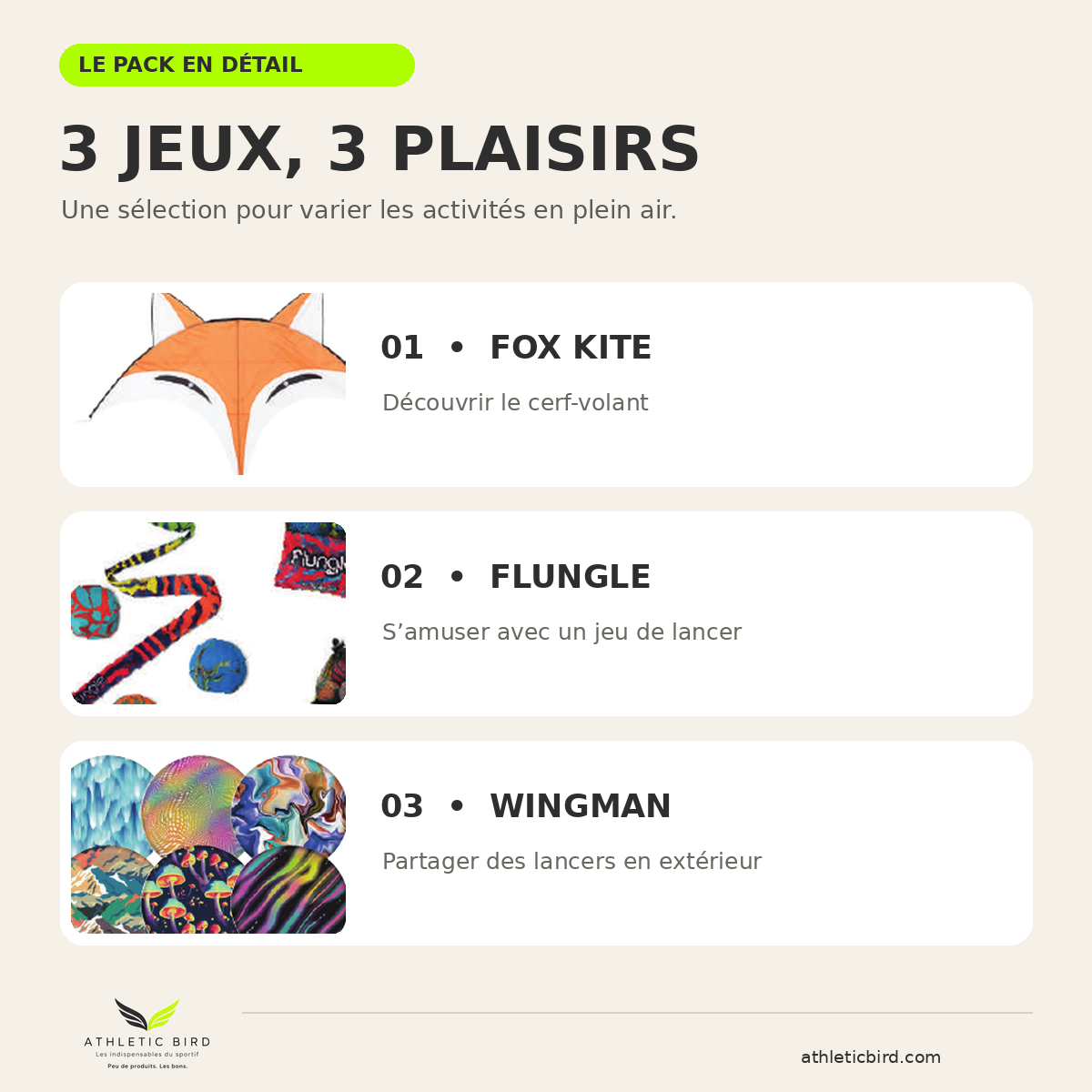 Composition du Pack Famille Athletic Bird : cerf-volant Fox Kite, jeu de plein air Waboba Flungle et disque de lancer pliable Waboba Wingman.