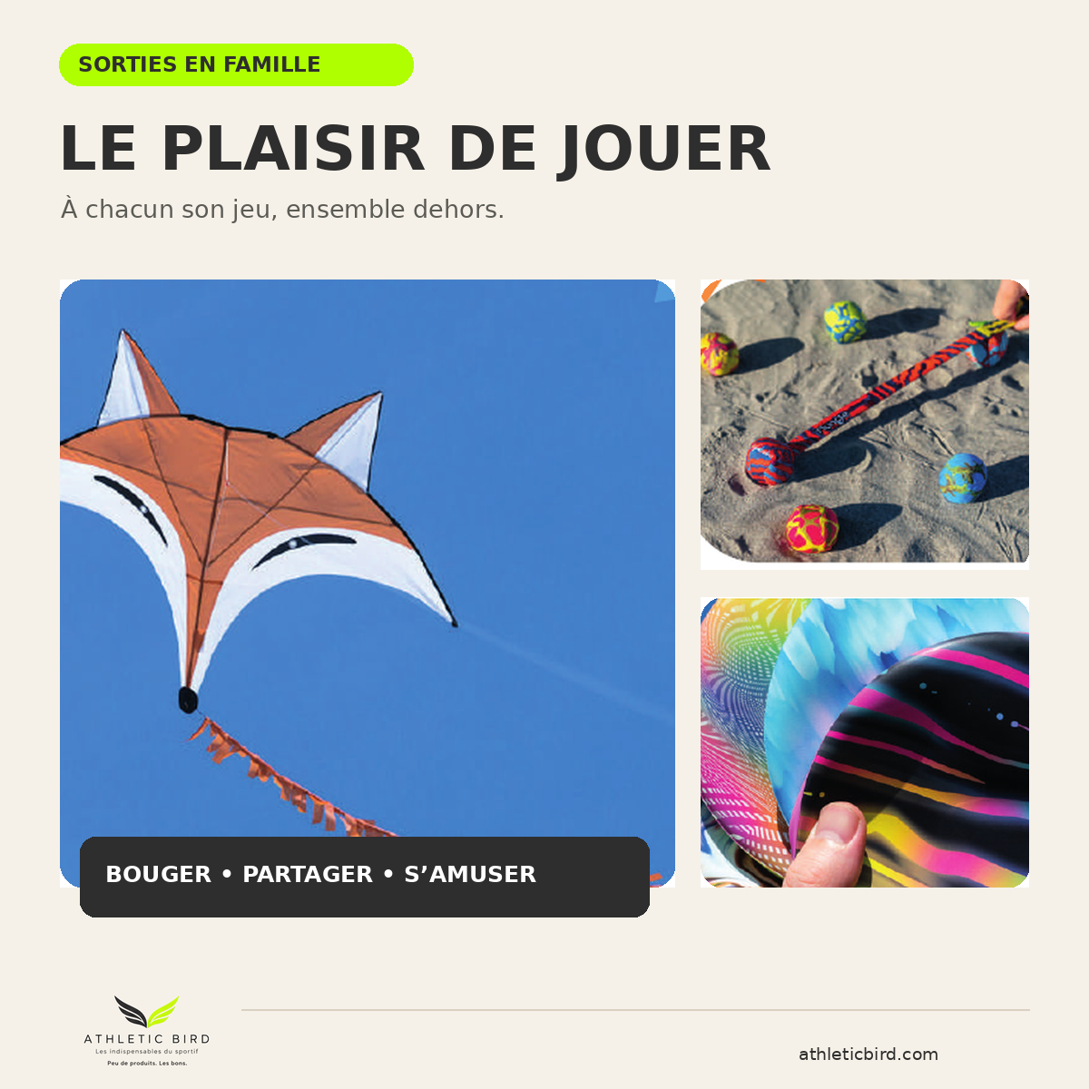 Visuel Outdoor du Pack Famille Athletic Bird présentant trois activités de plein air : cerf-volant, jeu Flungle et lancer de disque Wingman.