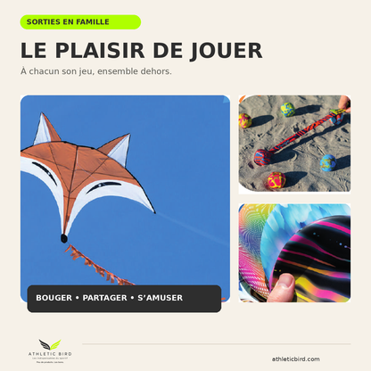 Visuel Outdoor du Pack Famille Athletic Bird présentant trois activités de plein air : cerf-volant, jeu Flungle et lancer de disque Wingman.