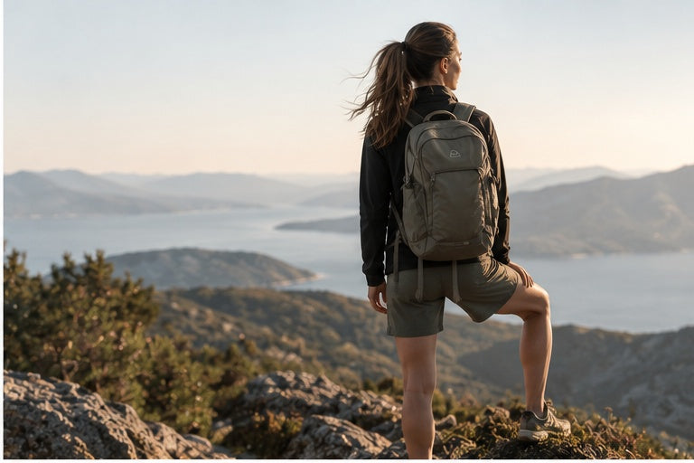 Randonnée en montagne face à un paysage naturel – univers Outdoor Essentials Athletic Bird.