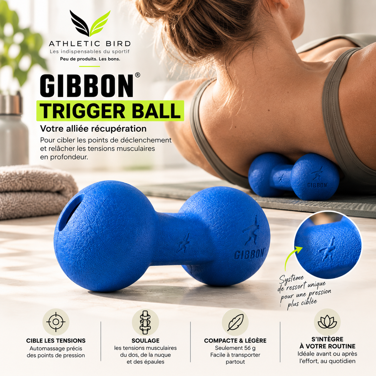 GIBBON Trigger Ball bleue utilisée pour un automassage ciblé du dos et des tensions musculaires après l’effort.
