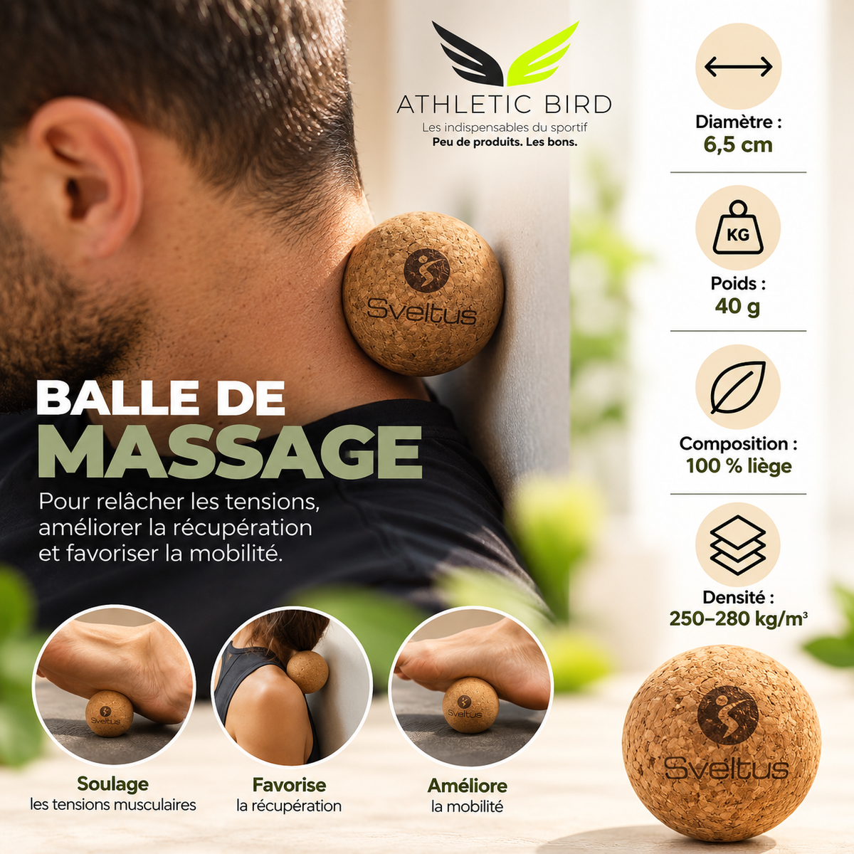 Sportif utilisant la balle de massage Sveltus en liège contre un mur pour un automassage ciblé de la nuque et des épaules.