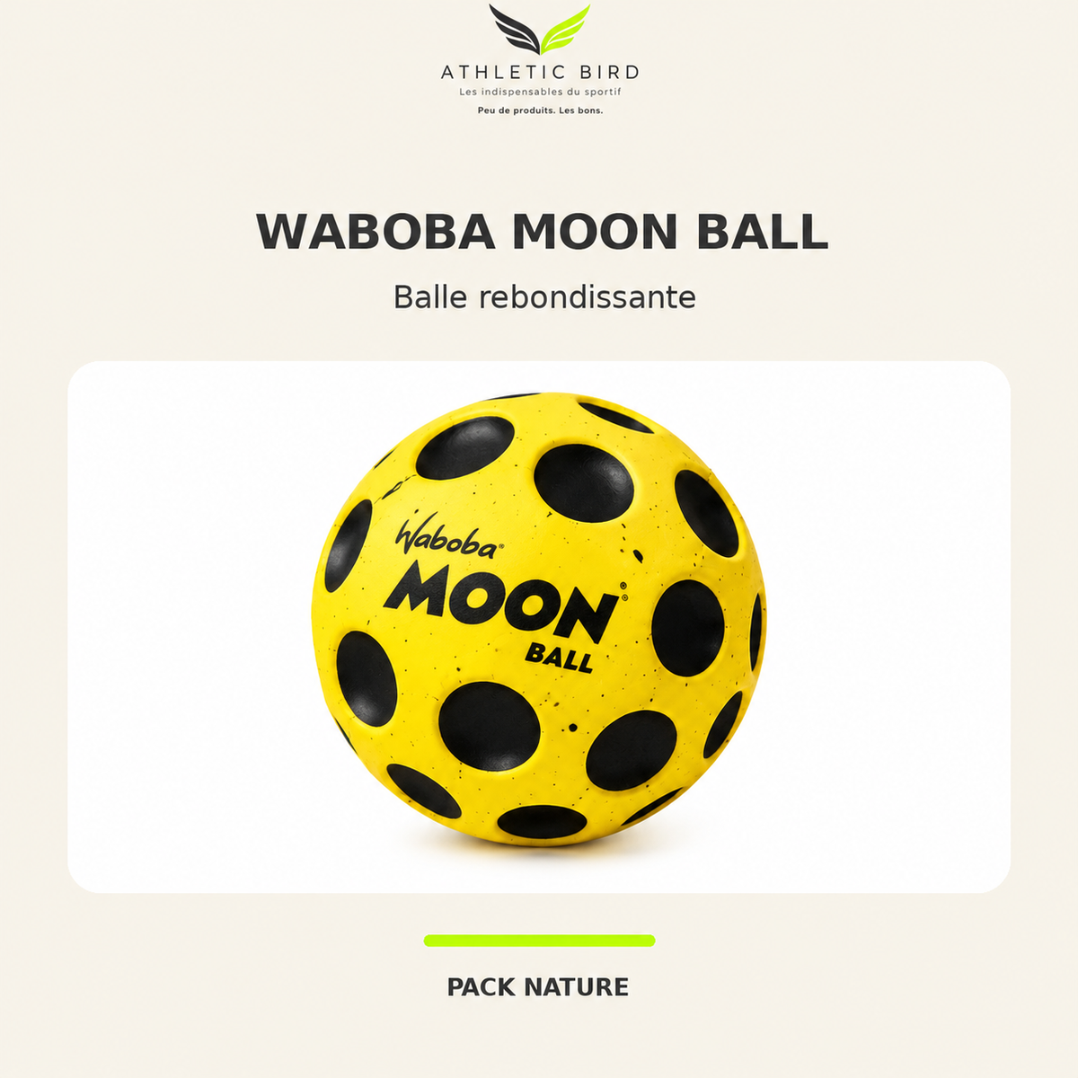 Balle rebondissante Waboba Moon Ball jaune, parsemée de creux noirs, présentée sur fond blanc