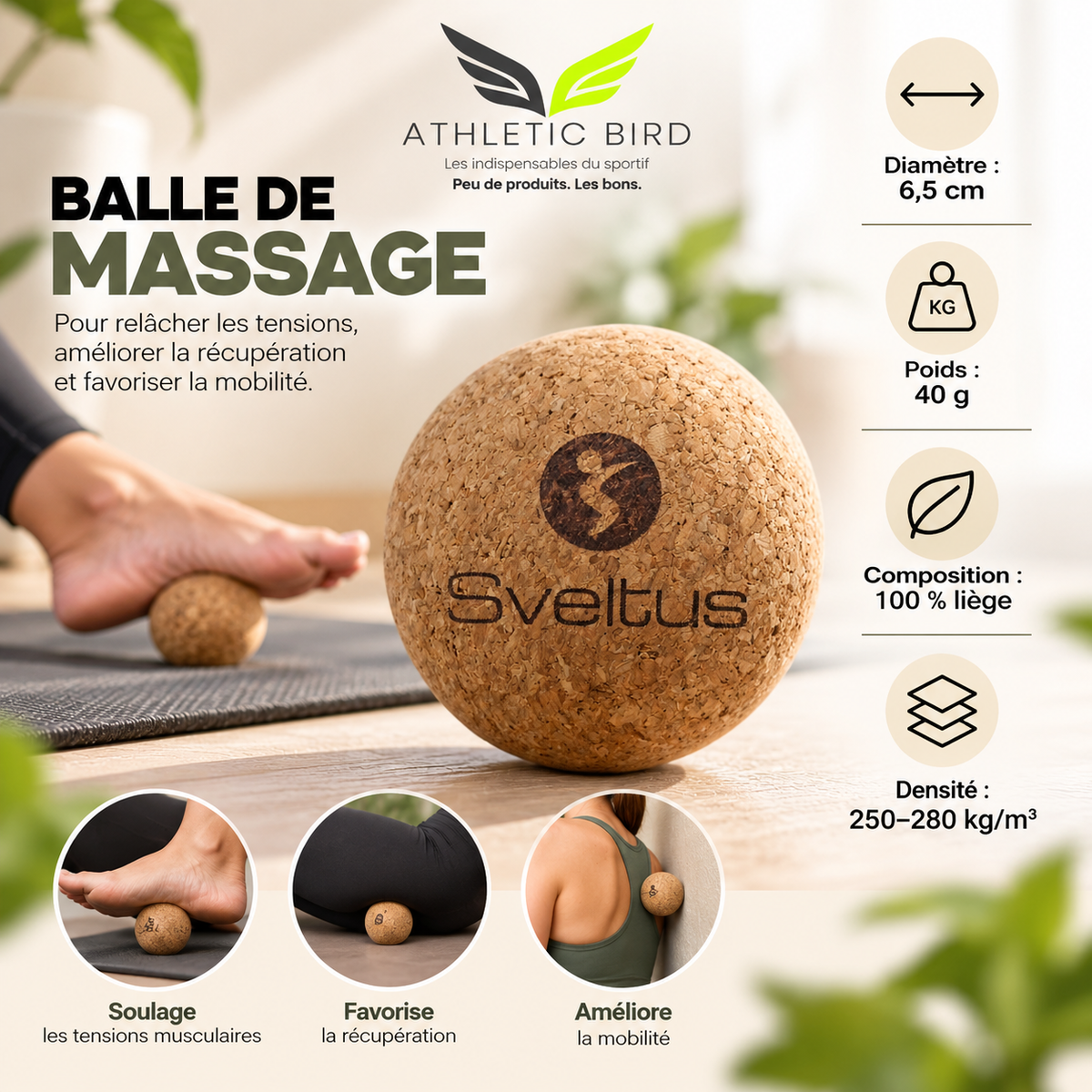 Balle de massage Sveltus en liège naturel, diamètre 6,5 cm, utilisée pour l’automassage et la récupération sportive.