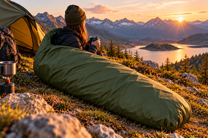 Personne installée dans un sursac imperméable Wilsa kaki, capuche ouverte, face à un lac de montagne au coucher du soleil, près d'une tente de bivouac
