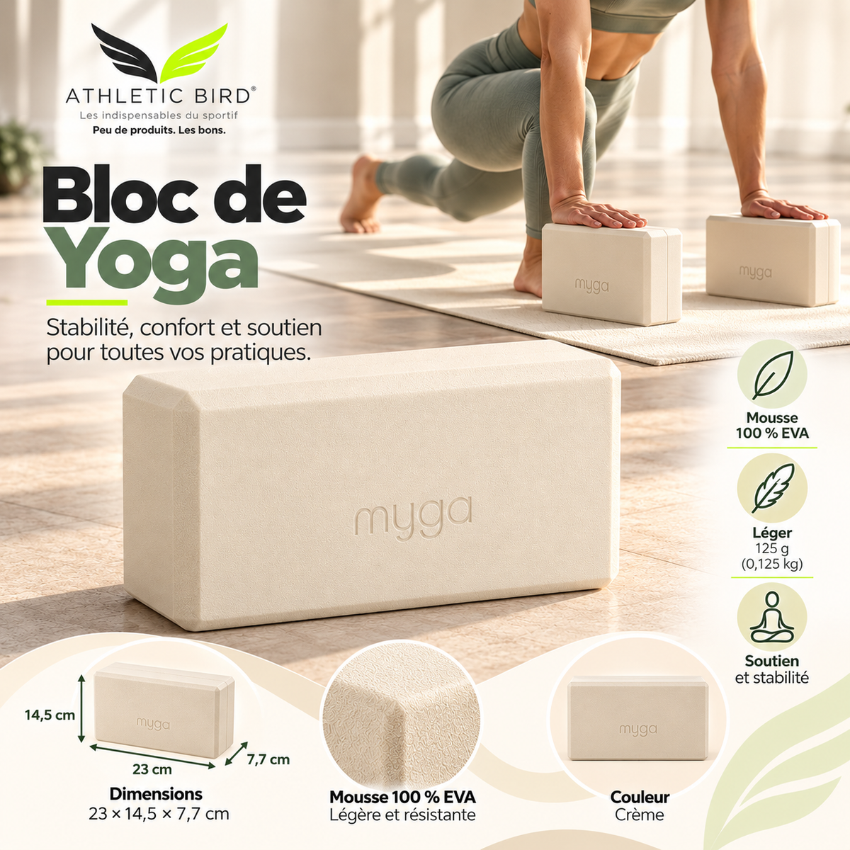 Bloc de yoga Myga crème utilisé pour soutenir une main lors d’un exercice de mobilité et d’étirement.