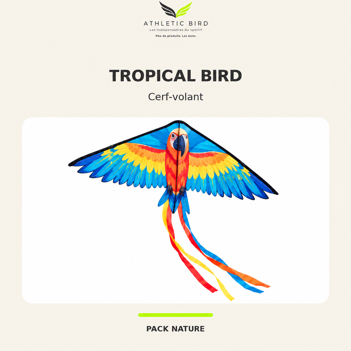 Cerf-volant Tropical Bird en forme de perroquet multicolore, ailes déployées et longs rubans colorés, présenté sur fond blanc