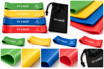 Set de 4 mini bandes FIT’ & RACK vert, jaune, bleu et rouge, présenté avec les détails du latex, des différentes épaisseurs et de la pochette de rangement.