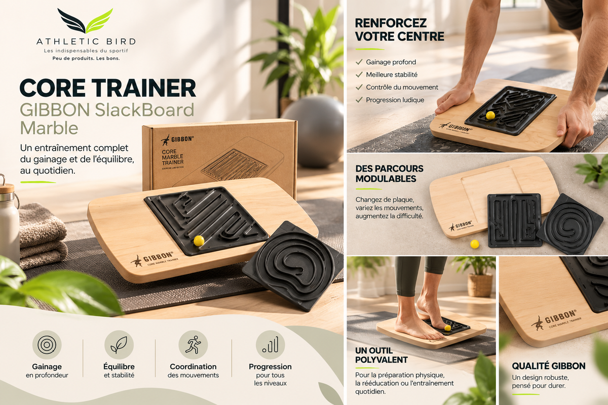 GIBBON Core Trainer installé sur la GIBOARD Marble en bois, pour travailler équilibre, coordination et gainage.