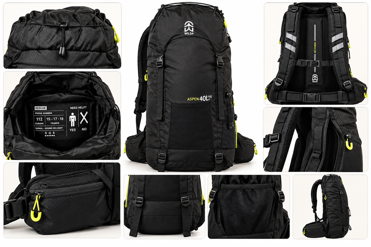 Sac à dos Wilsa Aspen 40+10 L avec détails du dos réglable, des bretelles, de la ceinture, des poches et des sangles de compression.