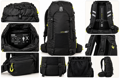 Sac à dos Wilsa Aspen 40+10 L avec détails du dos réglable, des bretelles, de la ceinture, des poches et des sangles de compression.