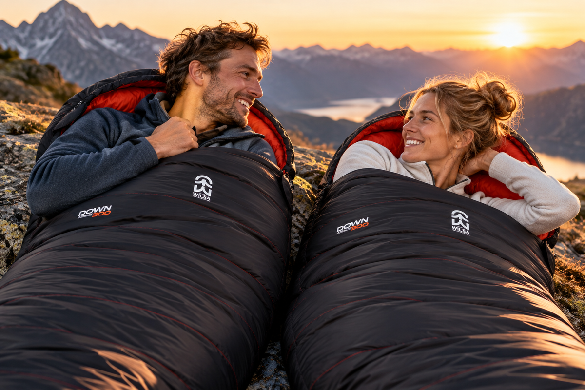 Deux sacs de couchage Wilsa Ultralite Down 300 utilisés par un couple lors d’un bivouac en montagne.
