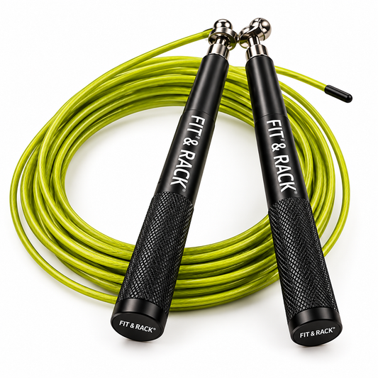 
Corde à sauter Élite FIT & RACK CSW-002, avec câble vert citron enroulé, deux poignées métalliques noires texturées antidérapantes, logo FIT & RACK blanc et système de rotation métallique. Produit présenté seul sur fond blanc