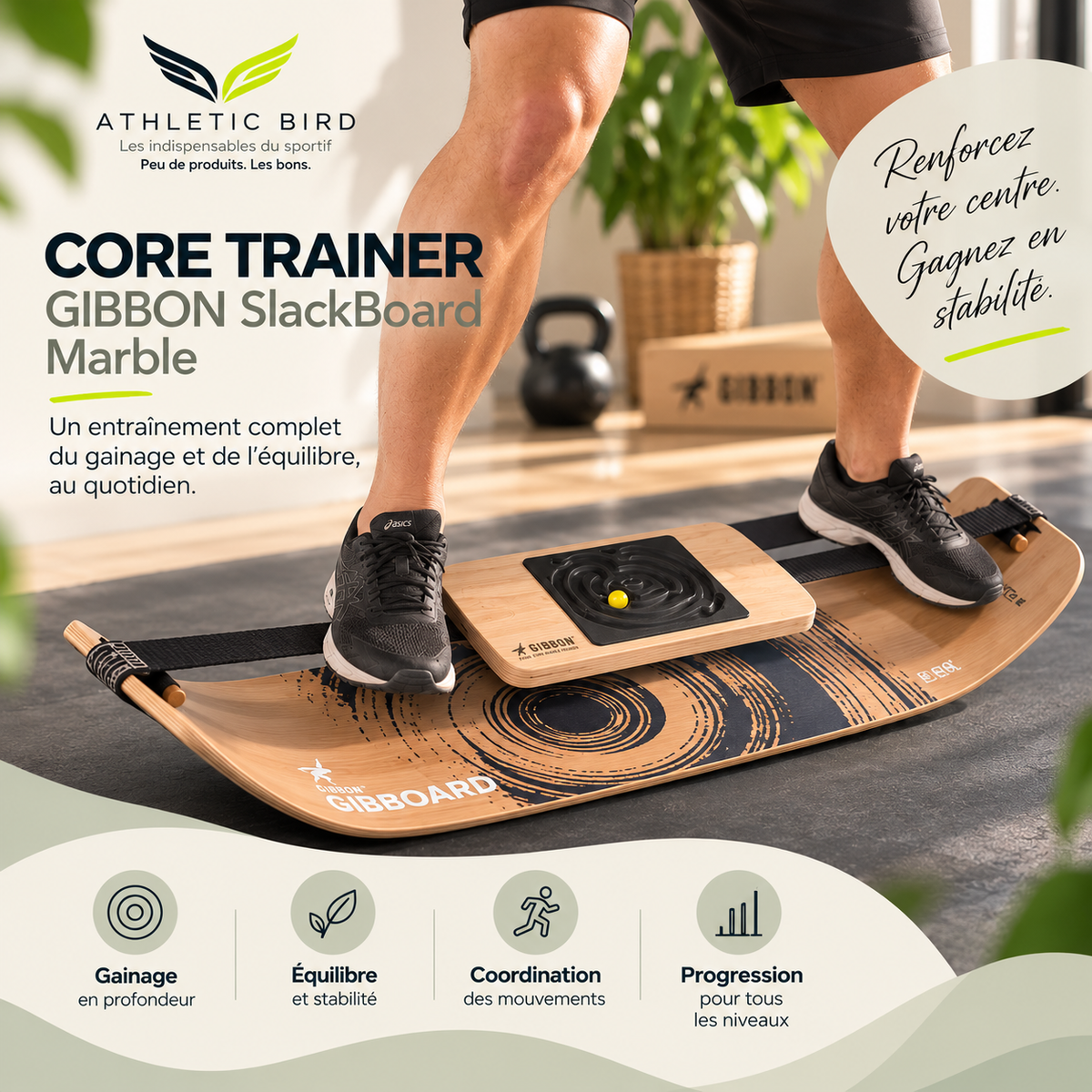 Sportif utilisant le GIBBON Core Trainer sur la GIBOARD Marble pour un exercice d’équilibre et de stabilité.