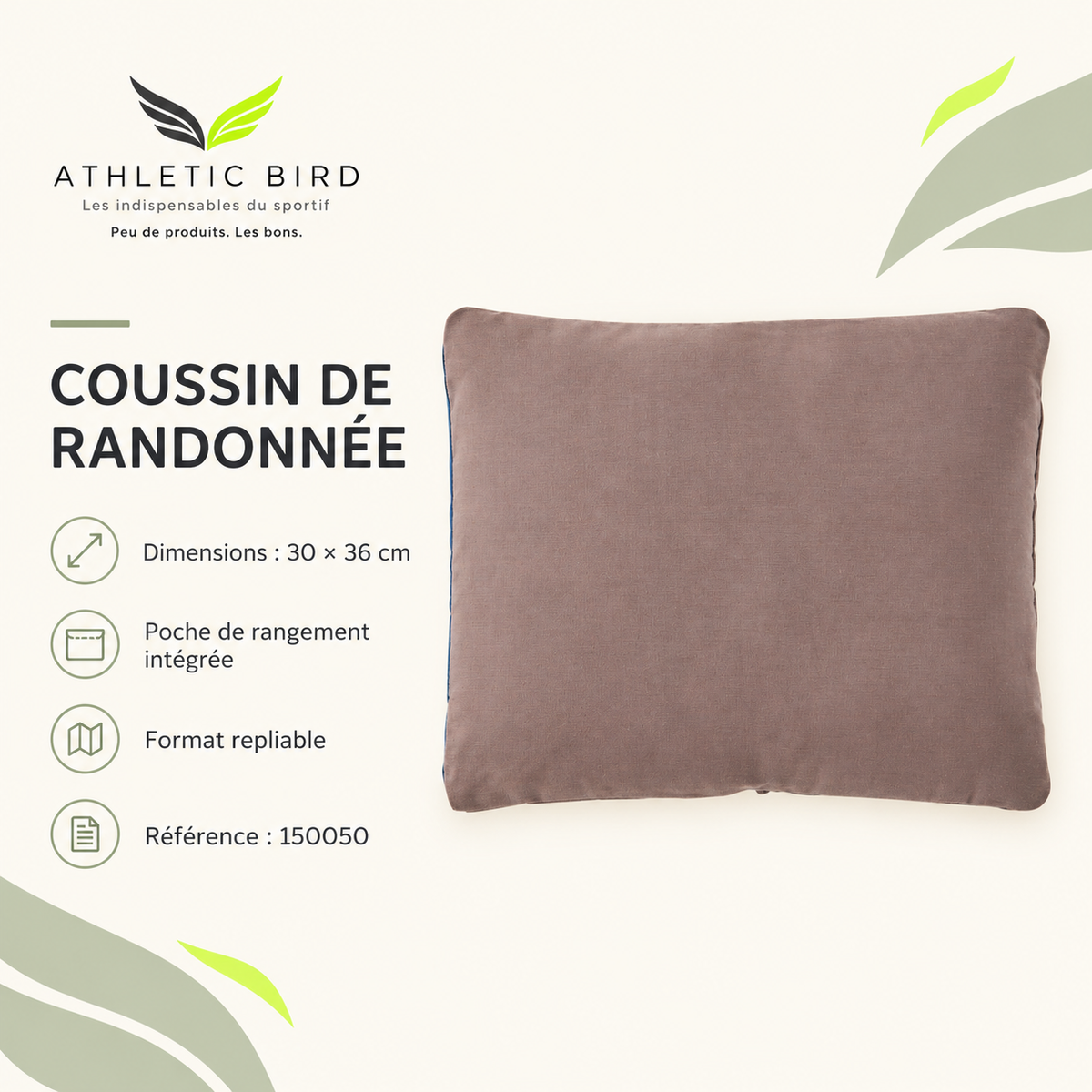 Coussin Wilsa Outdoor 150050 : dimensions de 30 × 36 cm, format repliable et poche de rangement intégrée, avec logo Athletic Bird