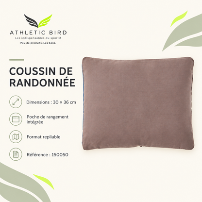 Coussin Wilsa Outdoor 150050 : dimensions de 30 × 36 cm, format repliable et poche de rangement intégrée, avec logo Athletic Bird
