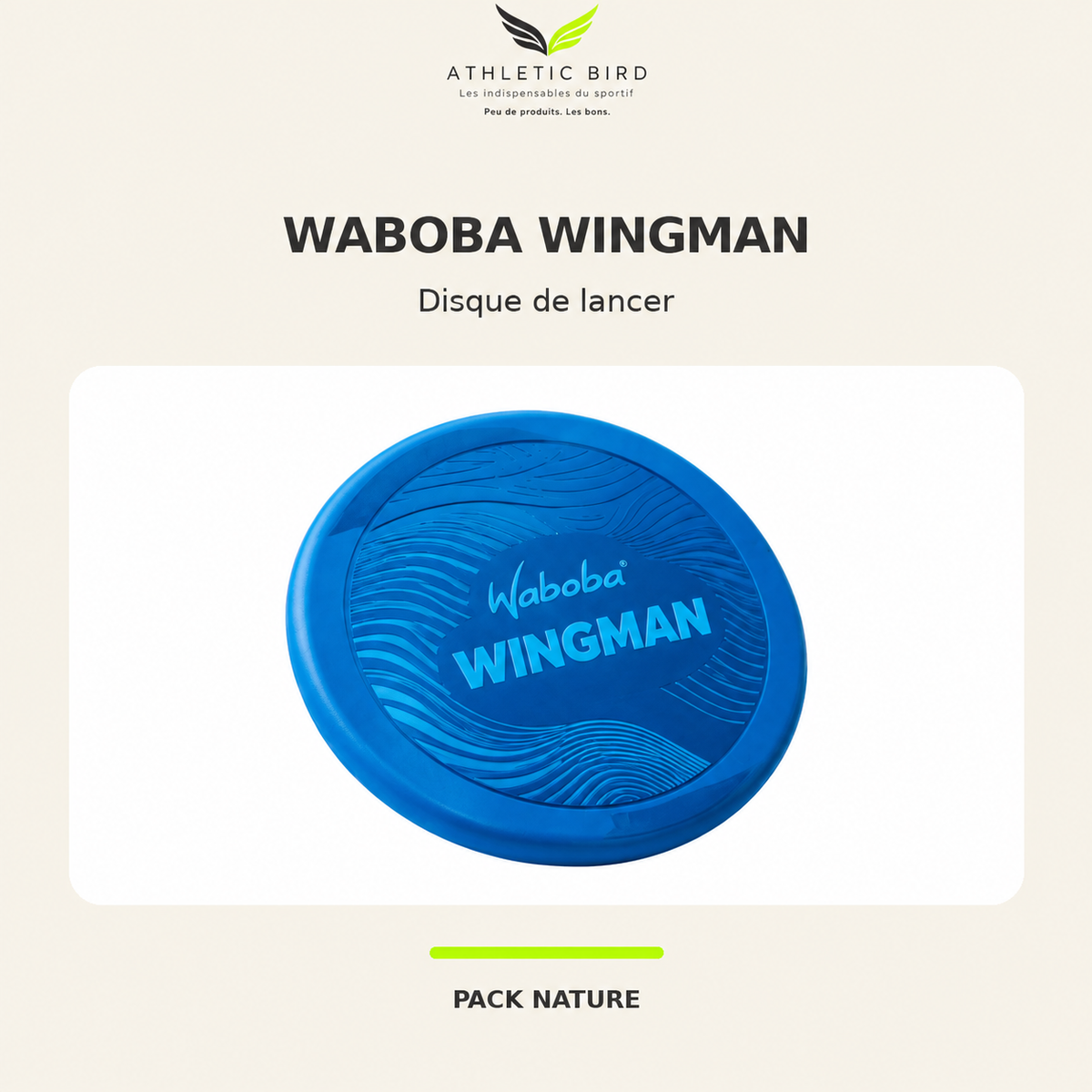 Disque de lancer Waboba Wingman bleu, avec motifs en relief et inscription centrale, présenté sur fond blanc