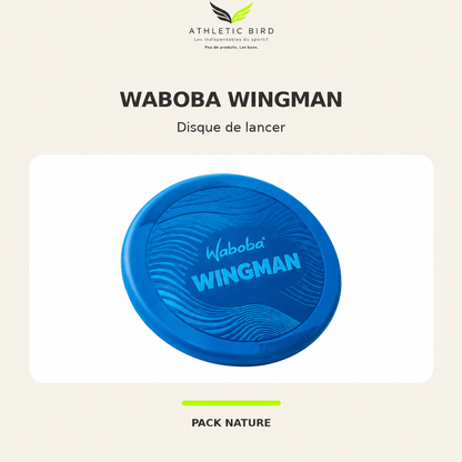 Disque de lancer Waboba Wingman bleu, avec motifs en relief et inscription centrale, présenté sur fond blanc