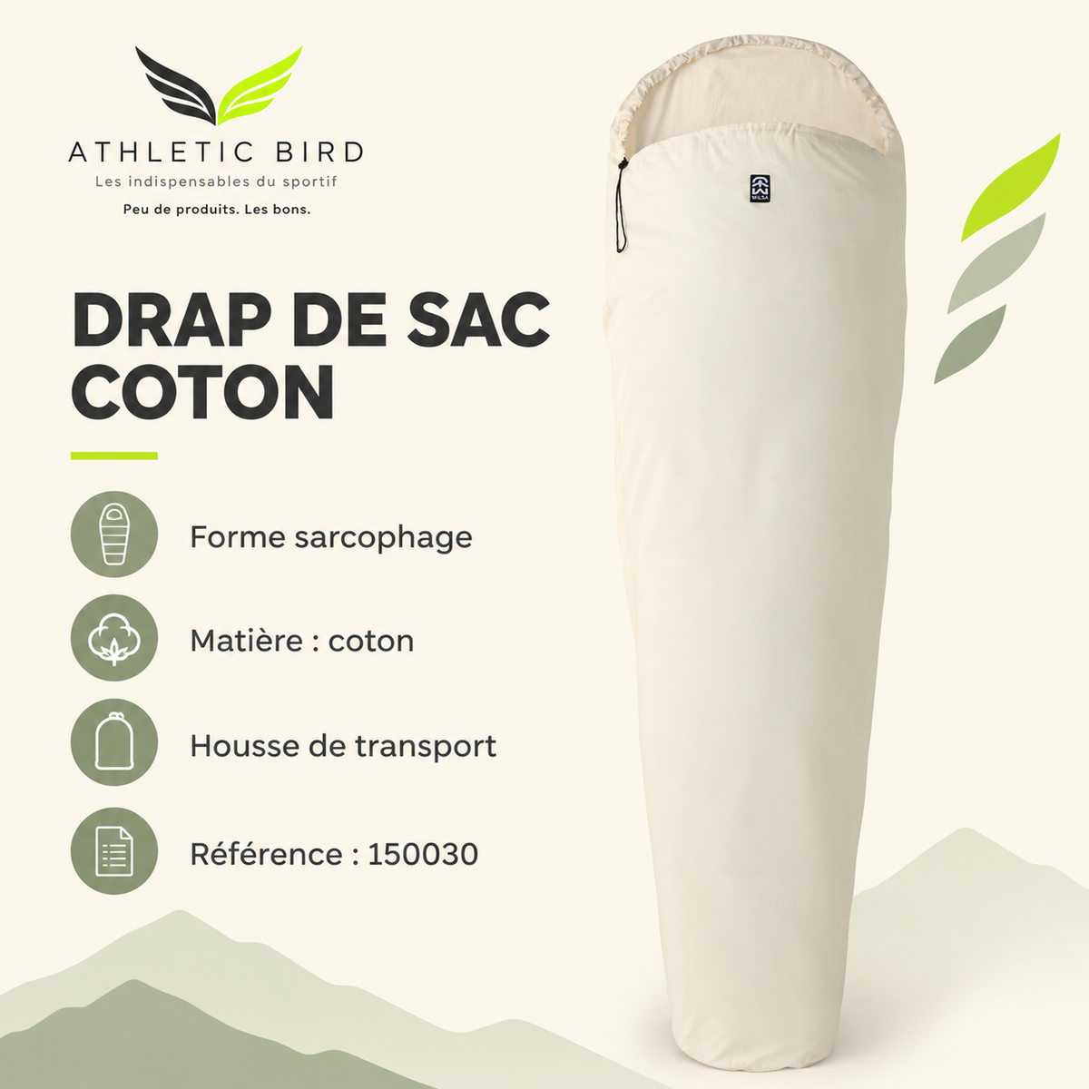 Drap de sac Wilsa Outdoor 150030 : coton, forme sarcophage et housse de transport, avec logo Athletic Bird en haut à gauche.