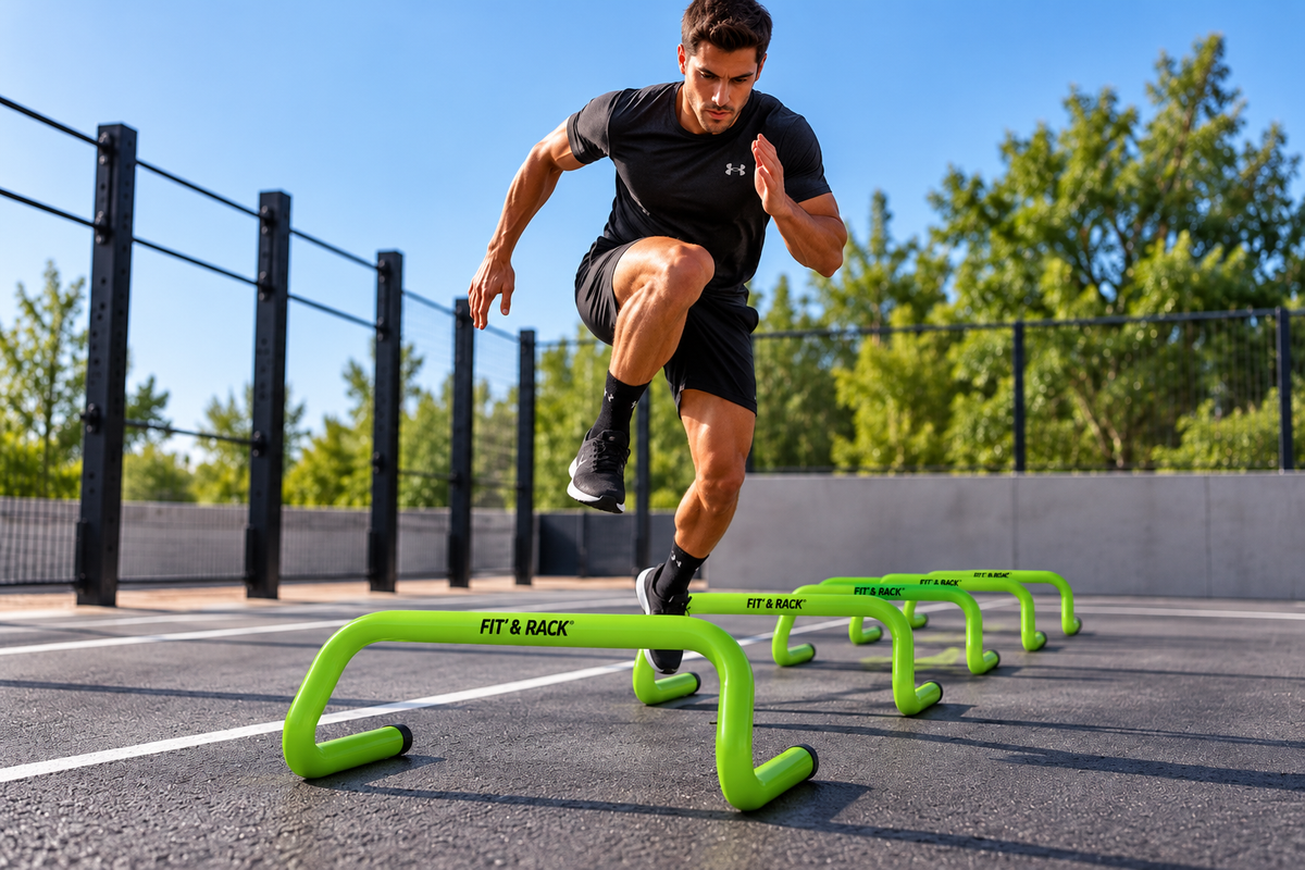 Haies de vélocité FIT’ & RACK EN207 utilisées par un sportif lors d’un exercice d’agilité et de coordination en extérieur.