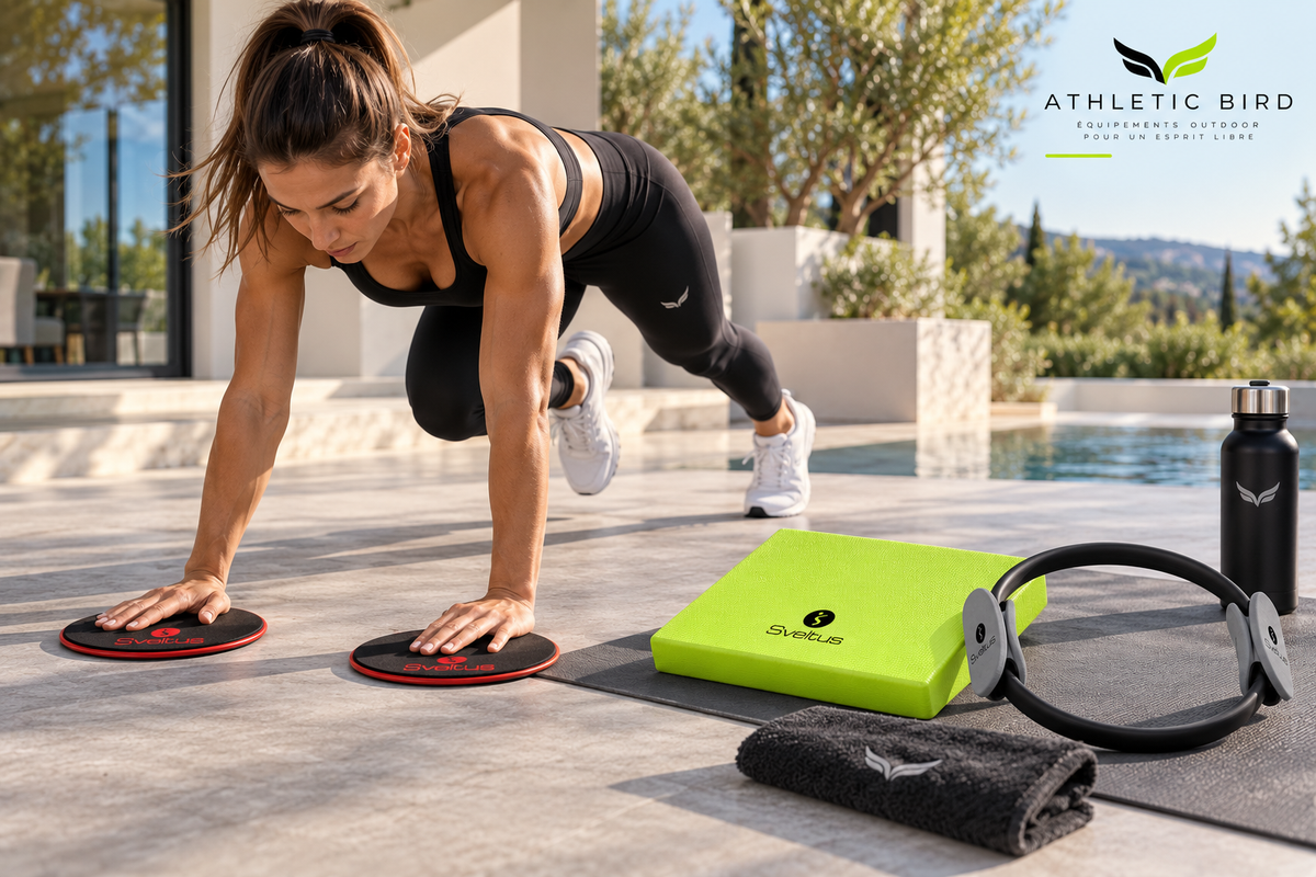 Pack MOVE Athletic Bird utilisé lors d’une séance d’entraînement avec les Sliders Sveltus, accompagné du Balance Pad et du Pilates Ring.